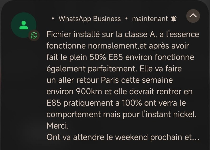 Avis client — Mercedes Classe A, conversion Flex Fuel E85