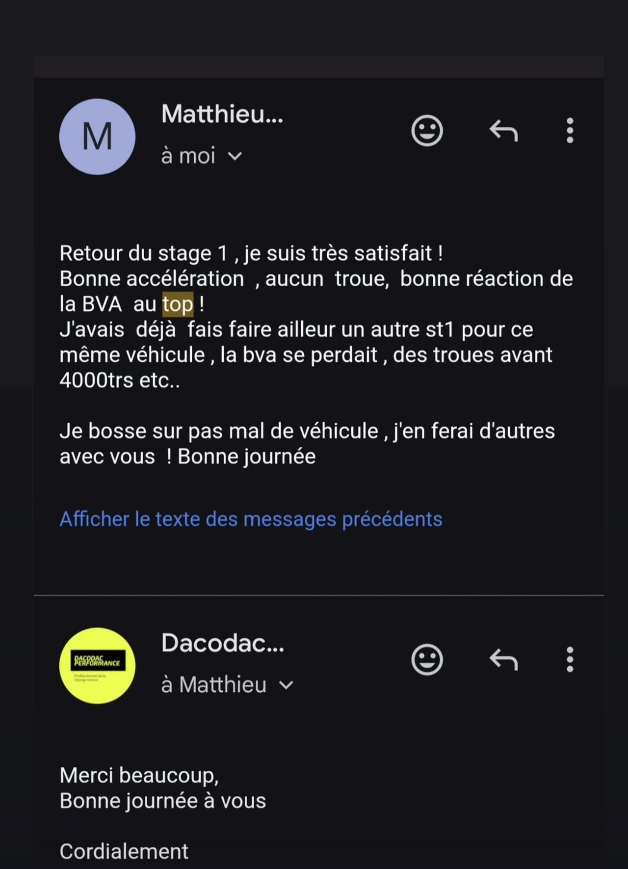 Avis client — Stage 1 sur véhicule à boîte automatique